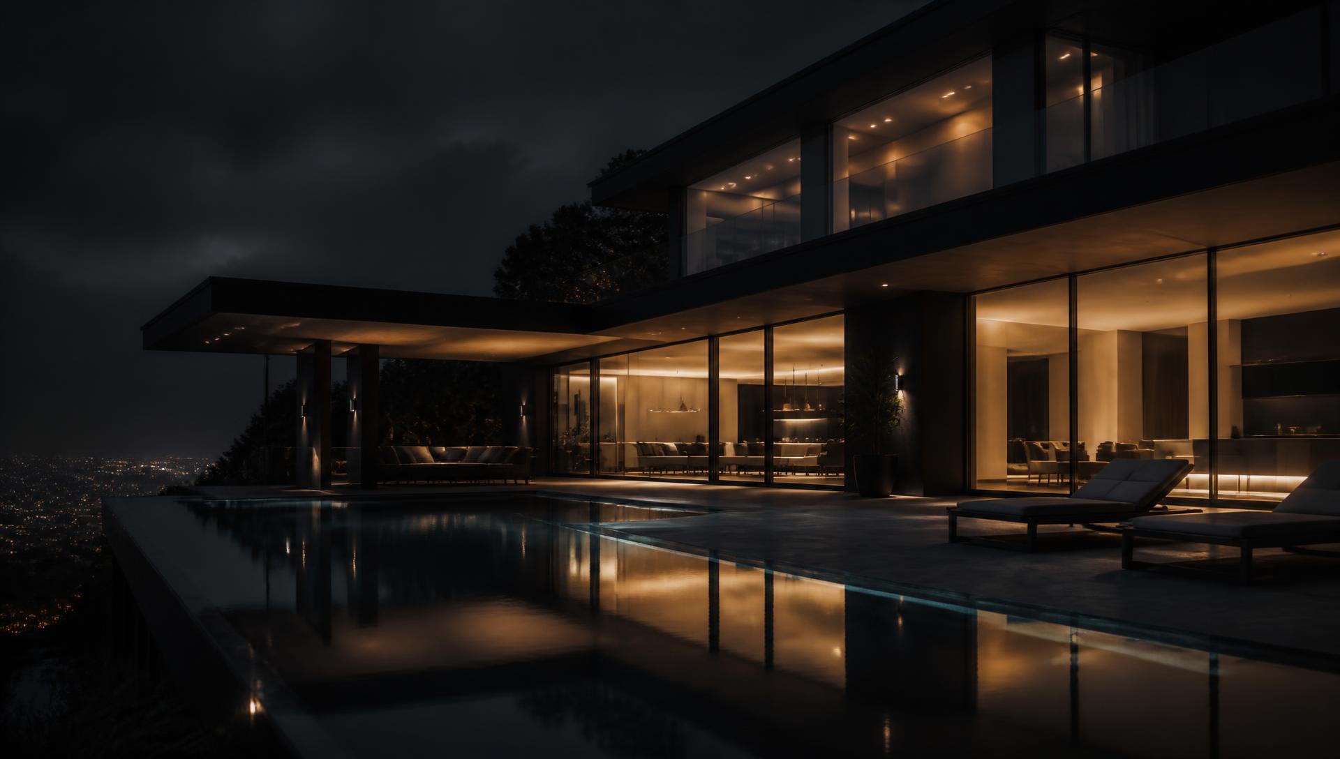 Luxury villa lit up at night with a glass façade and an infinity pool