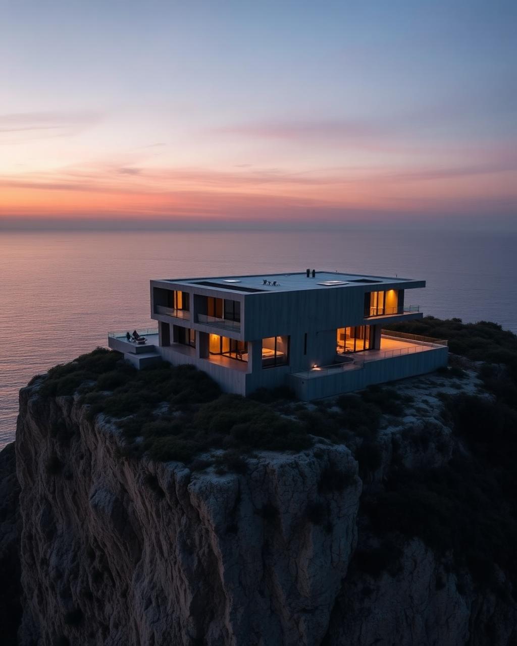 Vue aérienne d'un programme immobilier en bord de falaise au crépuscule