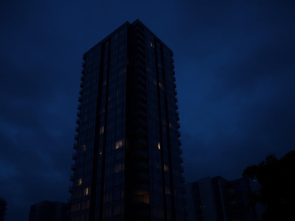 Tour résidentielle vitrée photographiée au crépuscule