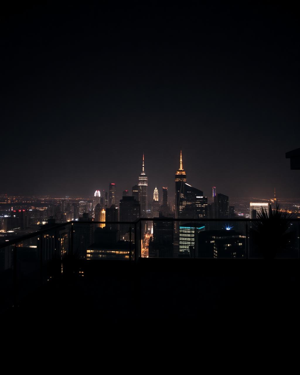 Terrasse de penthouse surplombant une skyline de nuit